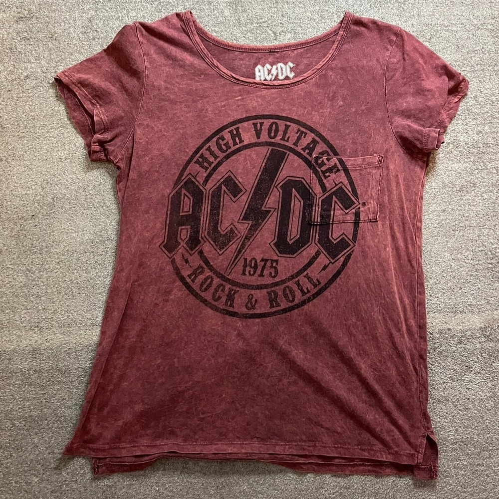 AC/DC High Voltage Rock & Roll 1975 Graphic T-Shirt Burgundy Small Rock Band T